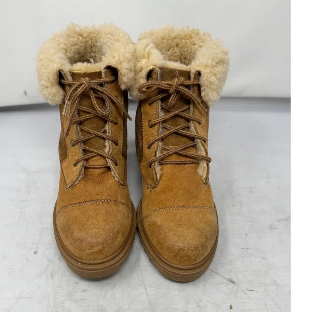 🔥UGG Australia Shearling🩷🤎🩷 Tan Suede Lace Up Boots‎ 7 Coquette  sheepskin